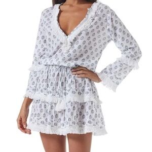 Melissa Claudia Odabash White & Blue Aztec Print Fringe Mini or Coverup Size XS